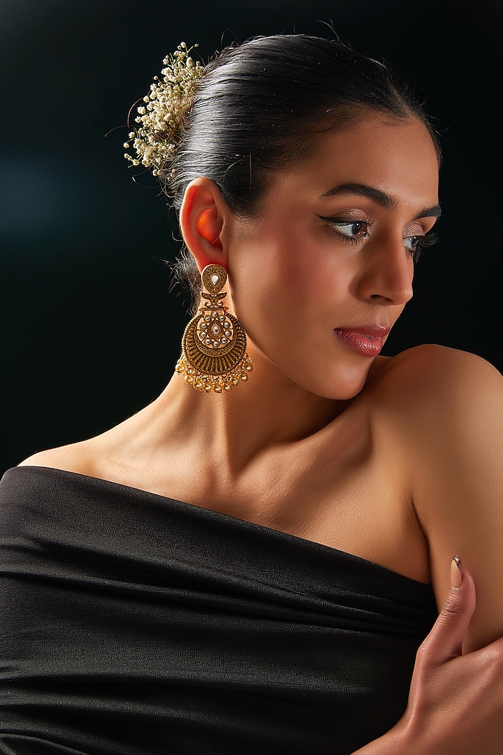 Gold Finish Kundan Polki & Pearl Chandbaali Earrings by 20AM at Pernia's Pop Up Shop