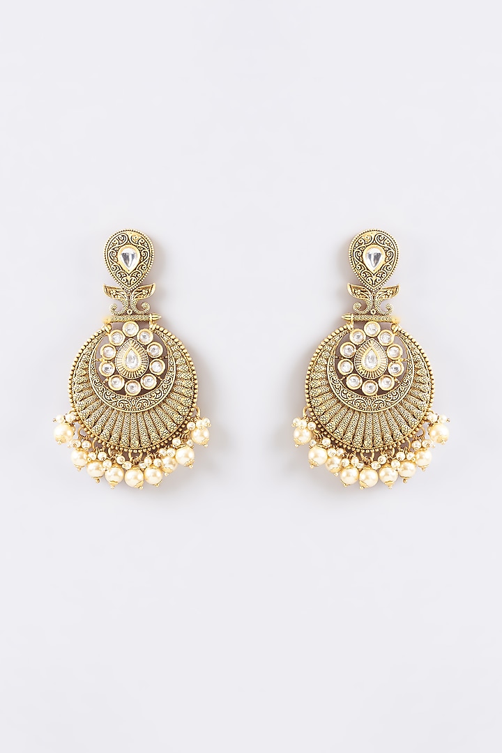 Gold Finish Kundan Polki & Pearl Chandbaali Earrings by 20AM at Pernia's Pop Up Shop