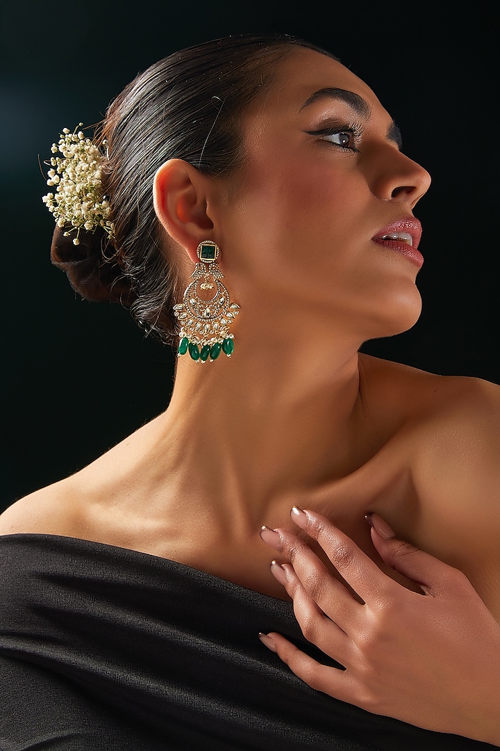 Gold Finish Green Stone & Pearl Chandbaali Earrings by 20AM