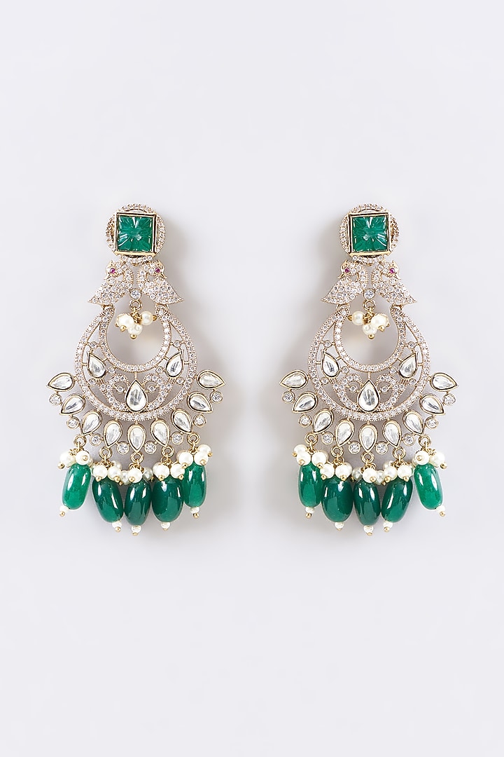 Gold Finish Green Stone & Pearl Chandbaali Earrings by 20AM at Pernia's Pop Up Shop