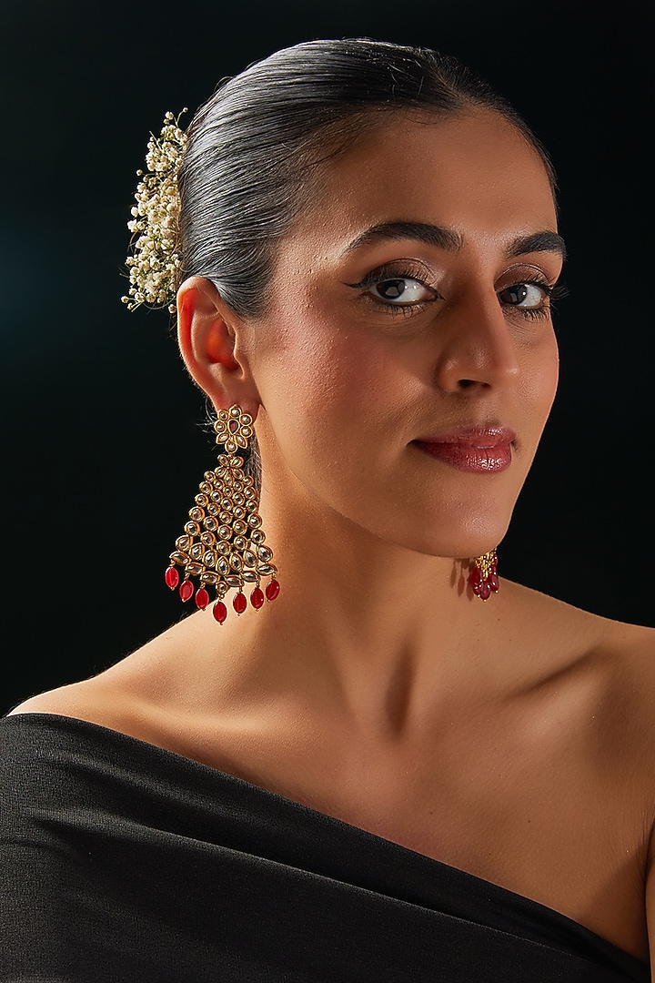 Gold Finish Kundan Polki & Red Stone Dangler Earrings by 20AM at Pernia's Pop Up Shop
