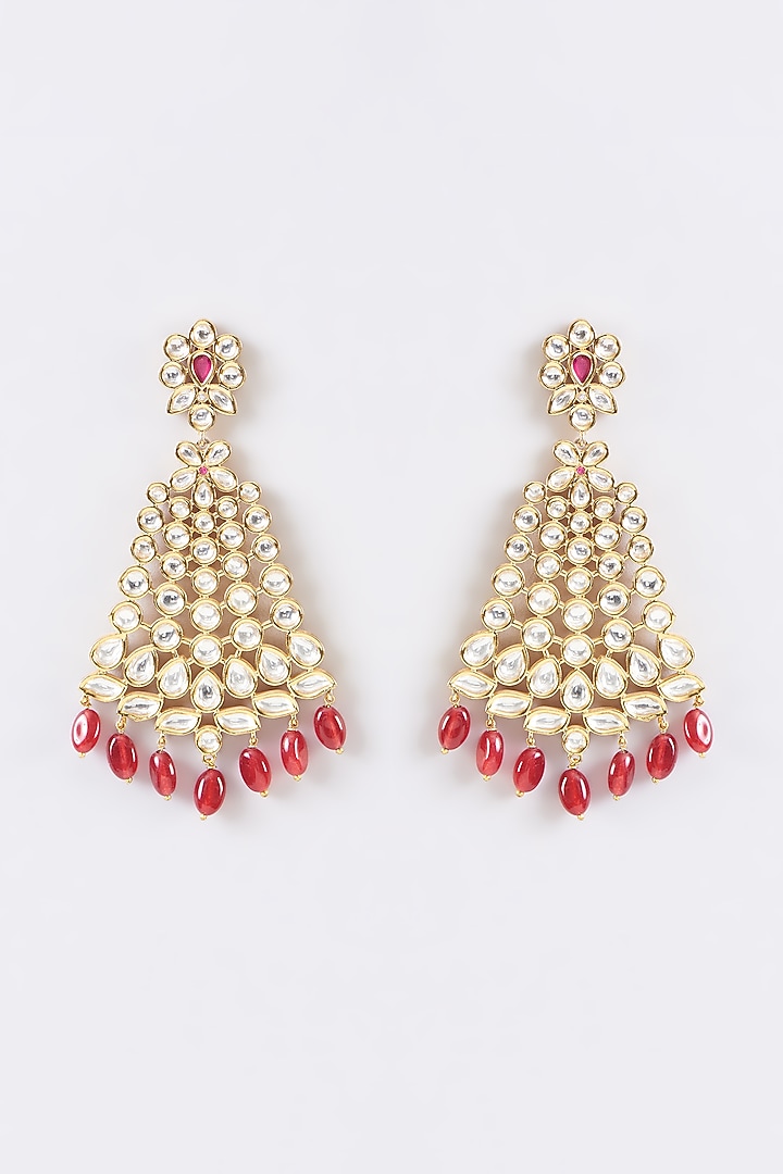 Gold Finish Kundan Polki & Red Stone Dangler Earrings by 20AM at Pernia's Pop Up Shop