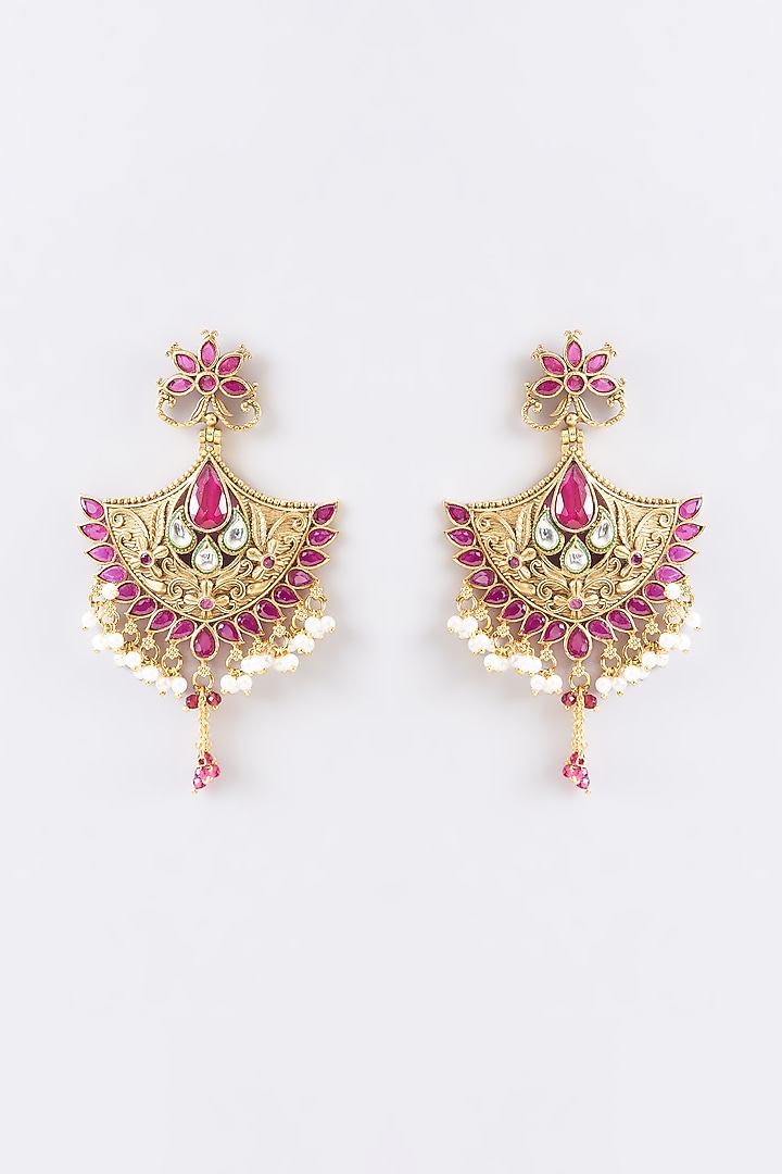 Gold Finish Kundan Polki & Multi-Colored Stone Dangler Earrings by 20AM at Pernia's Pop Up Shop