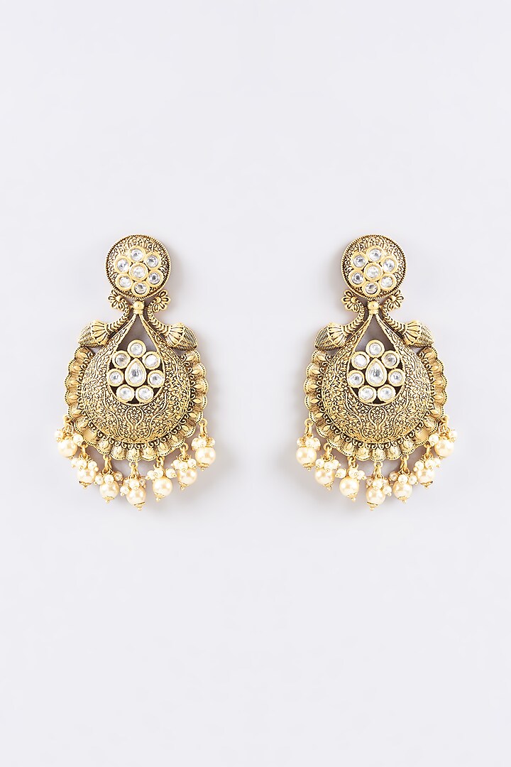 Gold Finish Kundan Polki & White Stone Dangler Earrings by 20AM at Pernia's Pop Up Shop