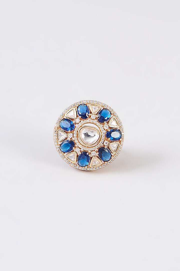 Gold Finish Kundan Polki & Blue Stone Ring by 20AM at Pernia's Pop Up Shop