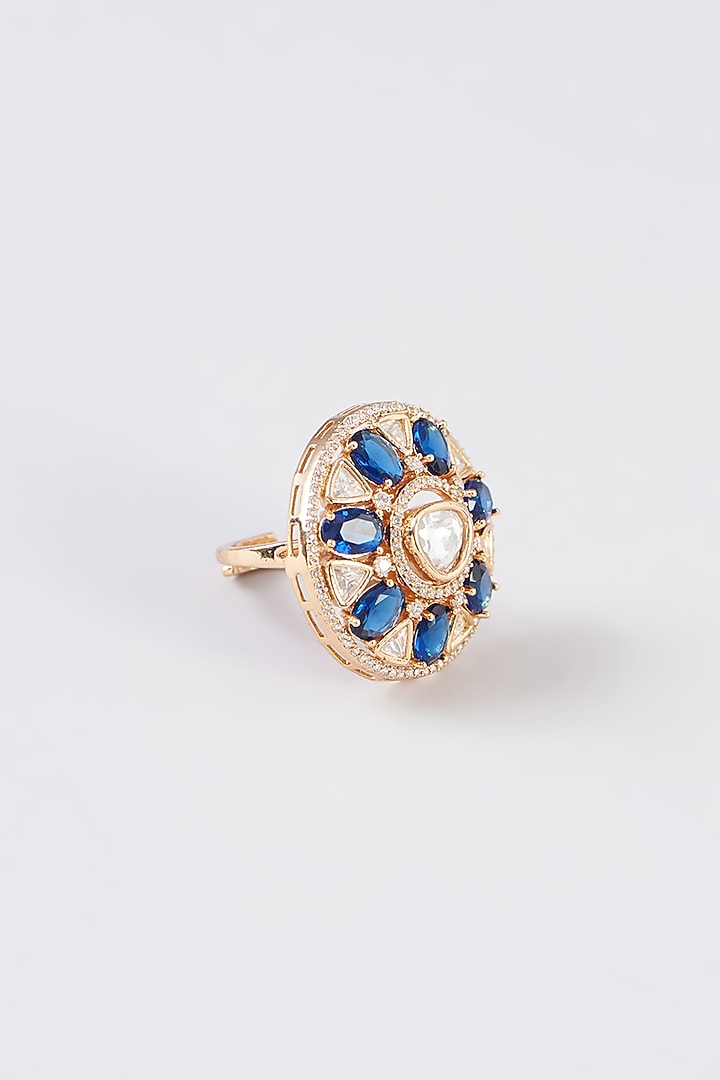 Gold Finish Kundan Polki & Blue Stone Ring by 20AM at Pernia's Pop Up Shop