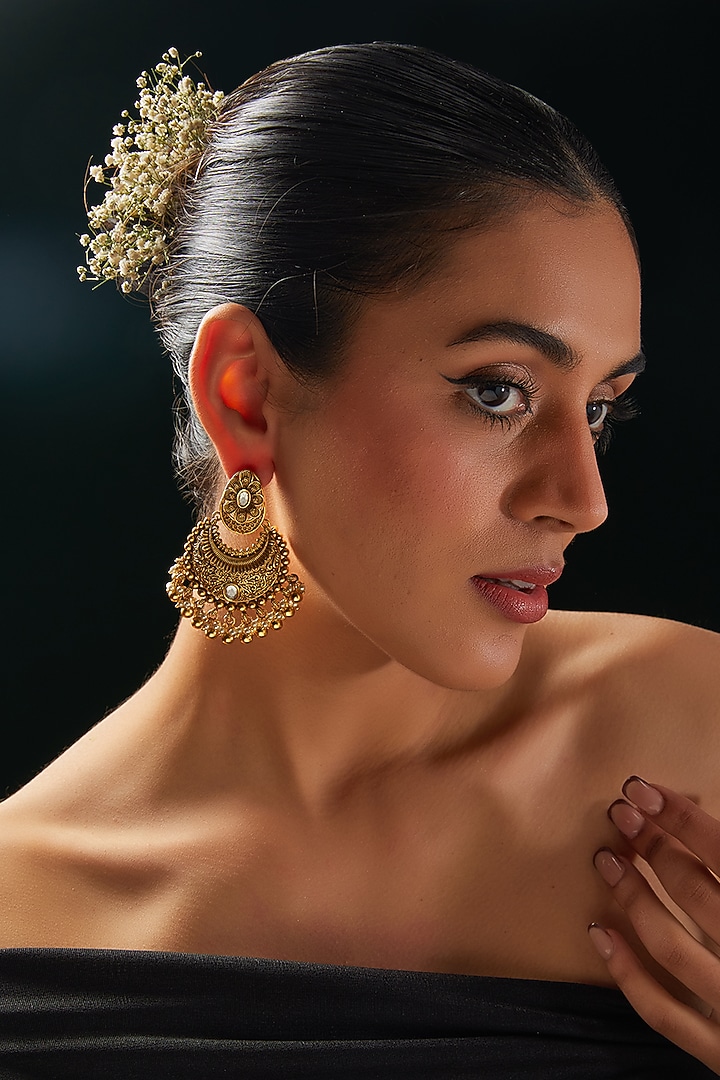 Gold Finish Kundan Polki & White Stone Chandbaali Earrings by 20AM at Pernia's Pop Up Shop