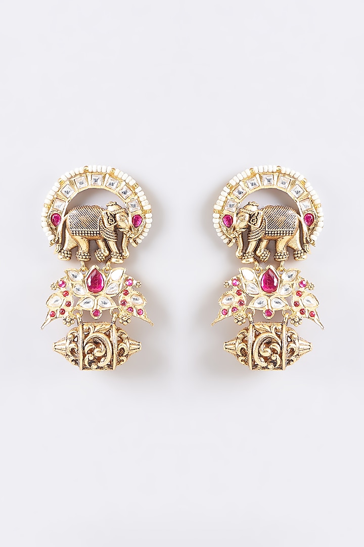 Gold Finish Kundan Polki & Multi-Colored Stone Temple Dangler Earrings by 20AM at Pernia's Pop Up Shop
