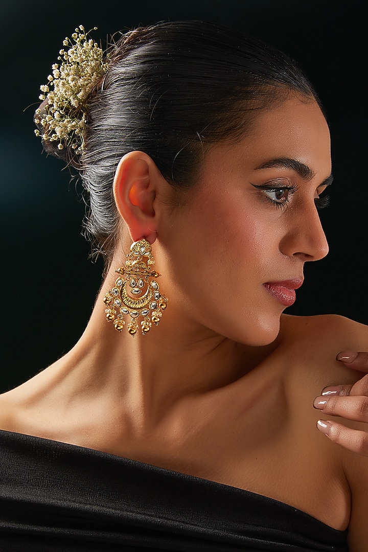 Gold Finish Kundan Polki & White Stone Dangler Earrings by 20AM at Pernia's Pop Up Shop