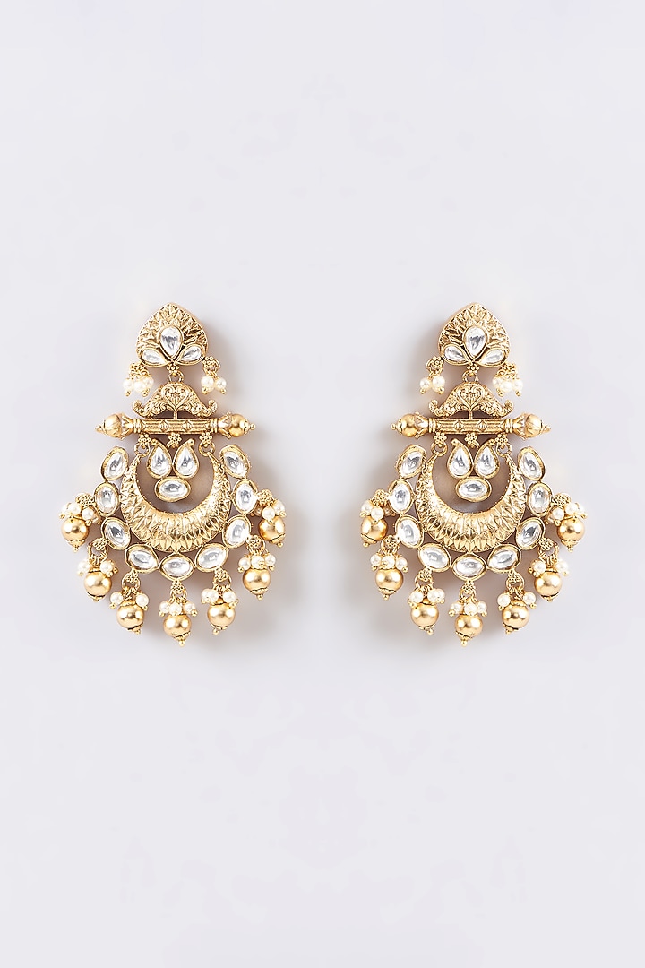 Gold Finish Kundan Polki & White Stone Dangler Earrings by 20AM at Pernia's Pop Up Shop