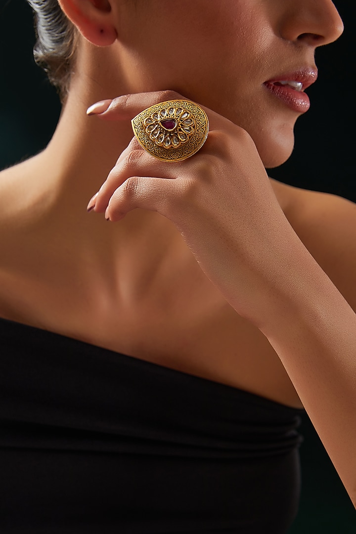 Gold Finish Kundan Polki & Red Stone Ring by 20AM at Pernia's Pop Up Shop