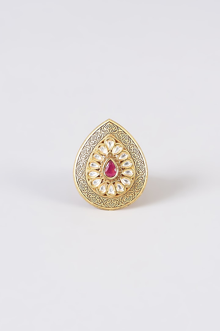 Gold Finish Kundan Polki & Red Stone Ring by 20AM at Pernia's Pop Up Shop