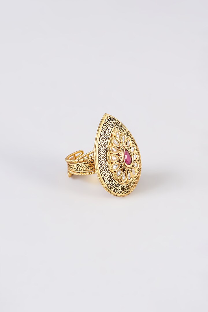 Gold Finish Kundan Polki & Red Stone Ring by 20AM at Pernia's Pop Up Shop