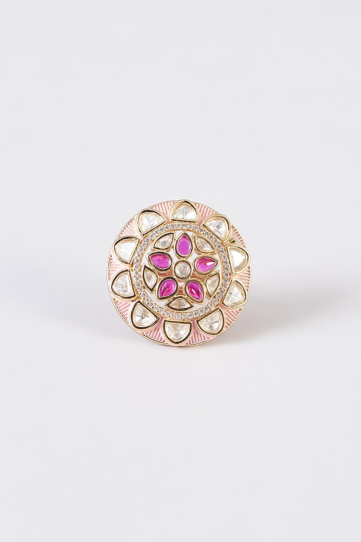 Gold Finish Kundan Polki & Red Synthetic Stone Enamelled Ring by 20AM at Pernia's Pop Up Shop