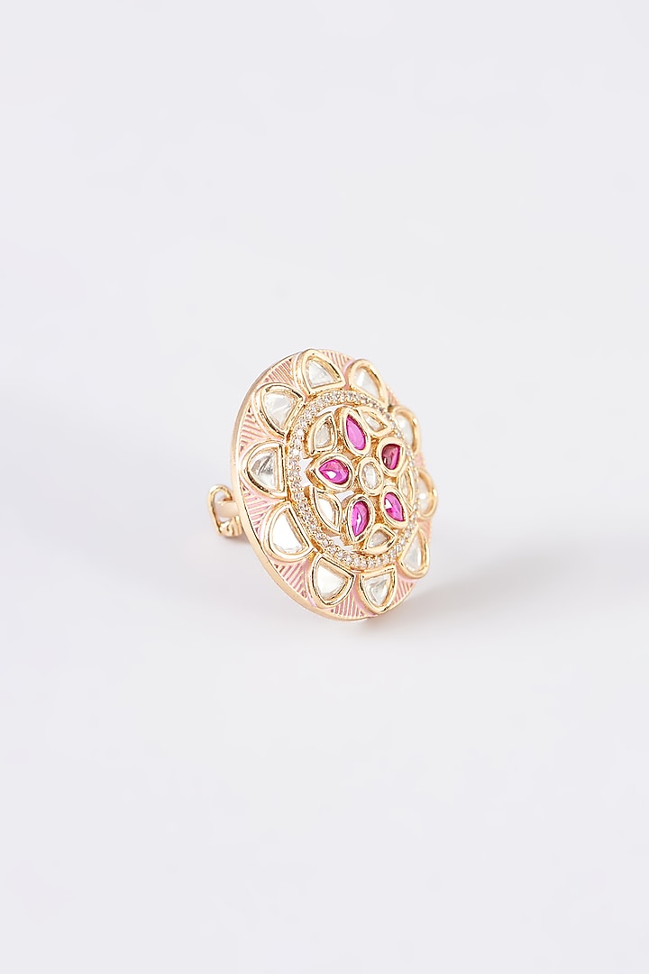 Gold Finish Kundan Polki & Red Synthetic Stone Enamelled Ring by 20AM at Pernia's Pop Up Shop
