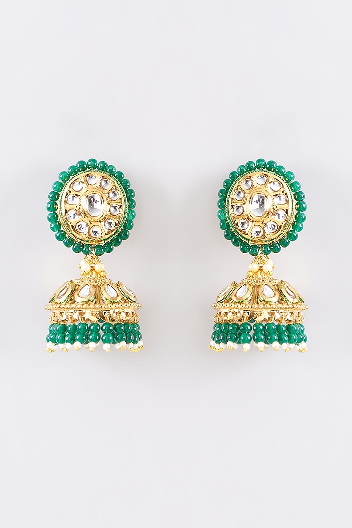 Gold Finish Kundan Polki & Stone Jhumka Earrings by 20AM at Pernia's Pop Up Shop