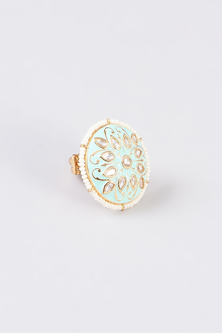 Gold Finish Kundan Polki & Stone Enamelled Ring by 20AM at Pernia's Pop Up Shop