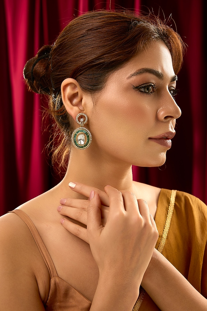 Black Rhodium Finish Green & White Stone Dangler Earrings by 20AM at Pernia's Pop Up Shop