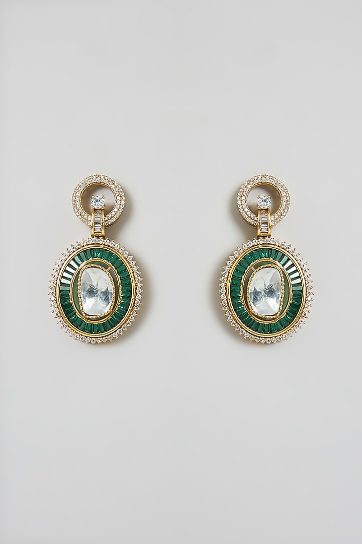 Black Rhodium Finish Green & White Stone Dangler Earrings by 20AM at Pernia's Pop Up Shop