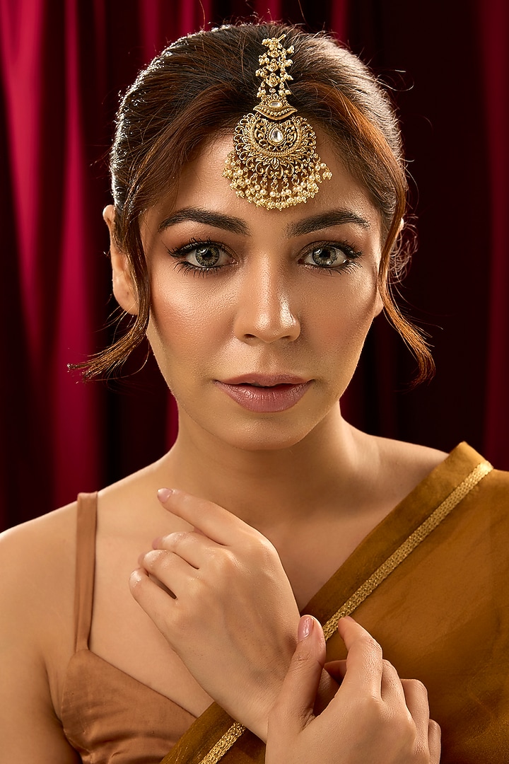 Gold Finish Kundan Polki & Pearl Temple Maangtikka by 20AM at Pernia's Pop Up Shop