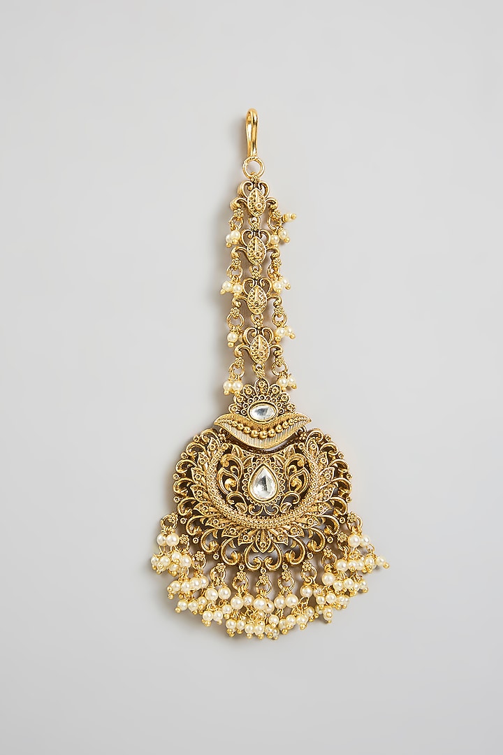 Gold Finish Kundan Polki & Pearl Temple Maangtikka by 20AM at Pernia's Pop Up Shop