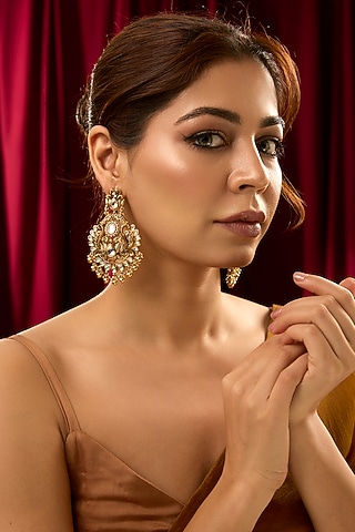 Gold Finish Pear-Shaped Stone & Beaded Floral Dangler Earrings by 20AM