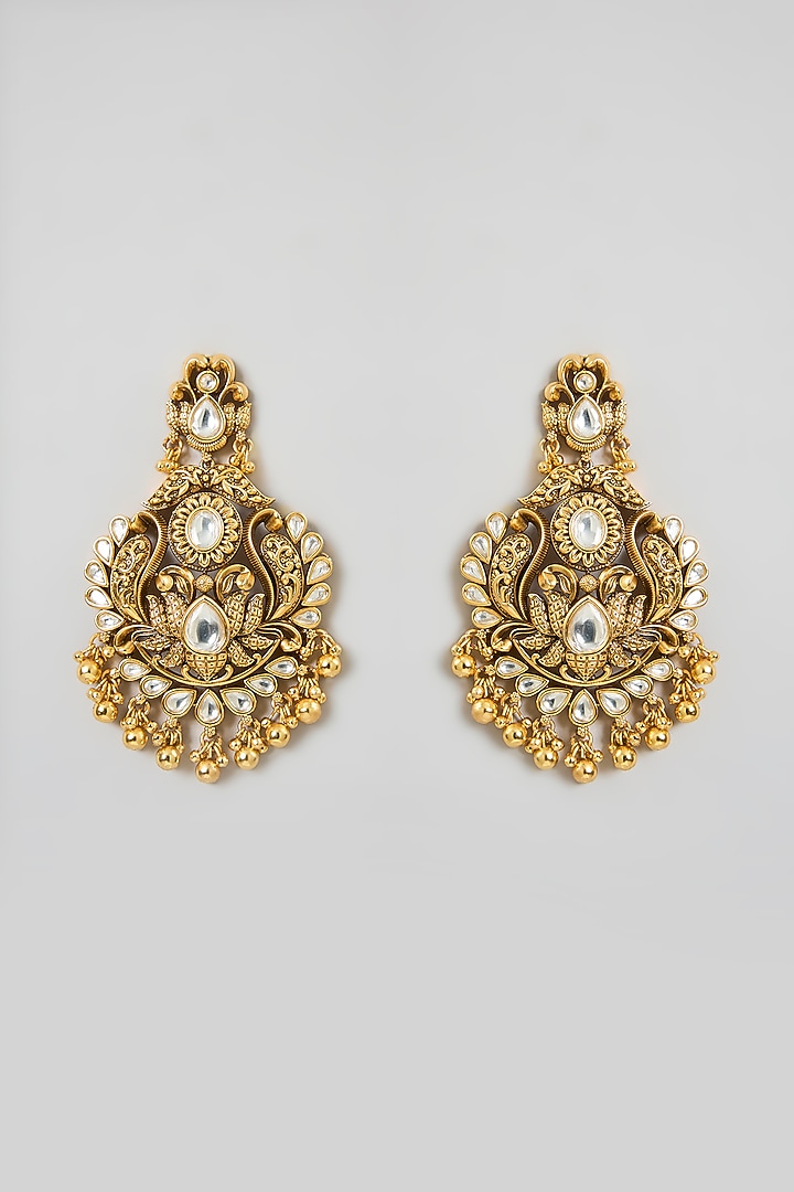 Gold Finish Pear-Shaped Stone & Beaded Floral Dangler Earrings by 20AM at Pernia's Pop Up Shop