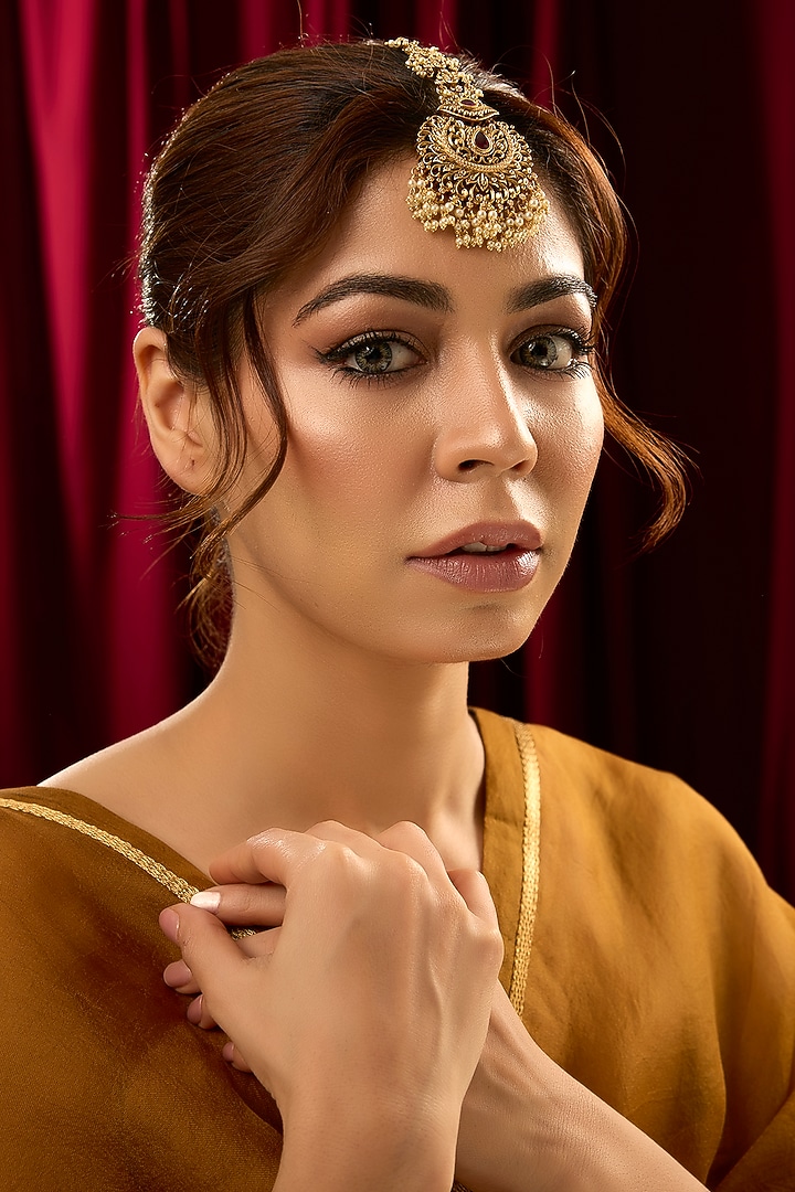 Gold Finish Red Stone & Pearl Temple Maangtikka by 20AM at Pernia's Pop Up Shop