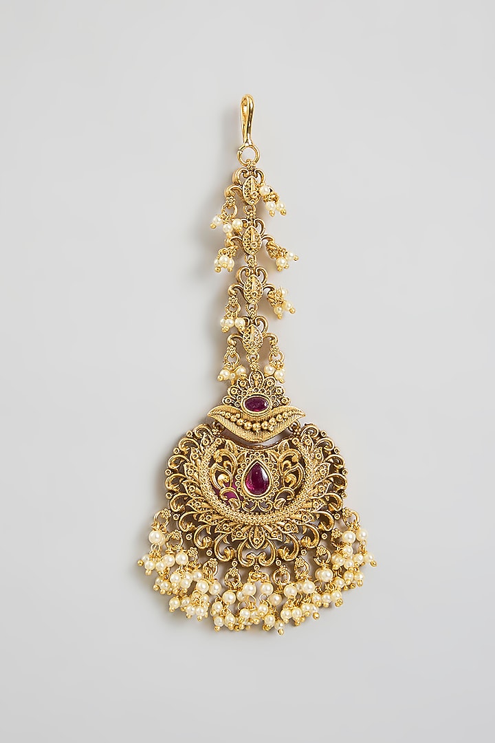 Gold Finish Red Stone & Pearl Temple Maangtikka by 20AM at Pernia's Pop Up Shop