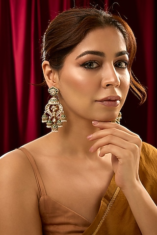 Gold Finish Kundan Polki & Green Stone Floral Chandelier Earrings by 20AM