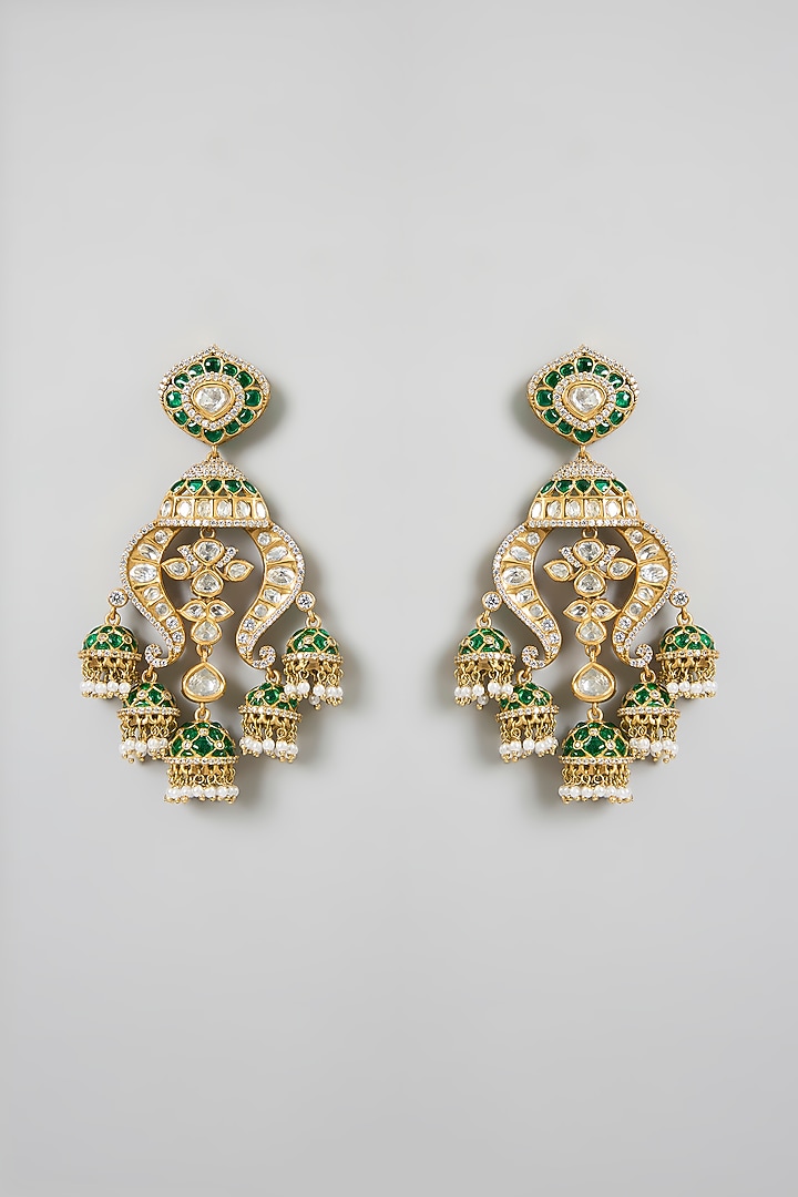 Gold Finish Kundan Polki & Green Stone Floral Chandelier Earrings by 20AM at Pernia's Pop Up Shop