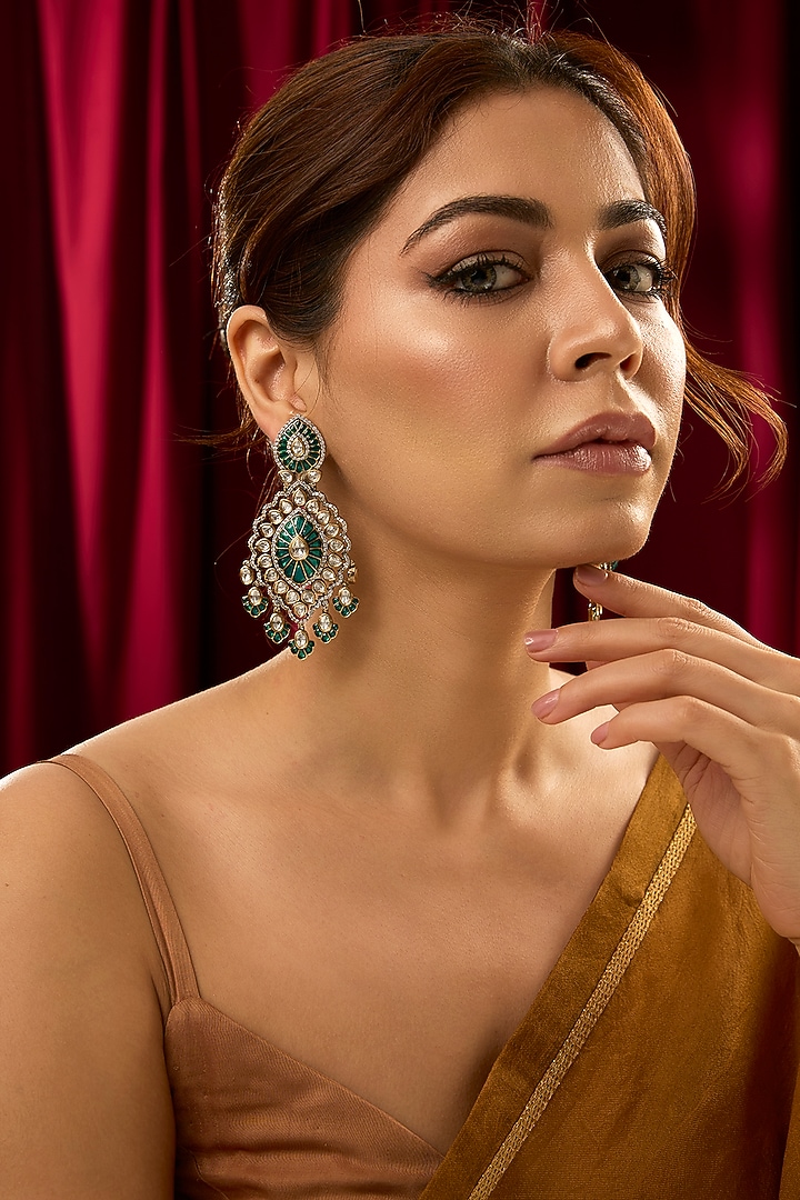 Black Rhodium Finish Pear-Shaped Stone Green Enameled Dangler Earrings by 20AM at Pernia's Pop Up Shop