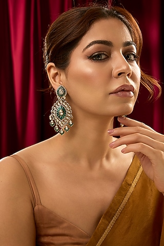 Black Rhodium Finish Pear-Shaped Stone Green Enameled Dangler Earrings by 20AM