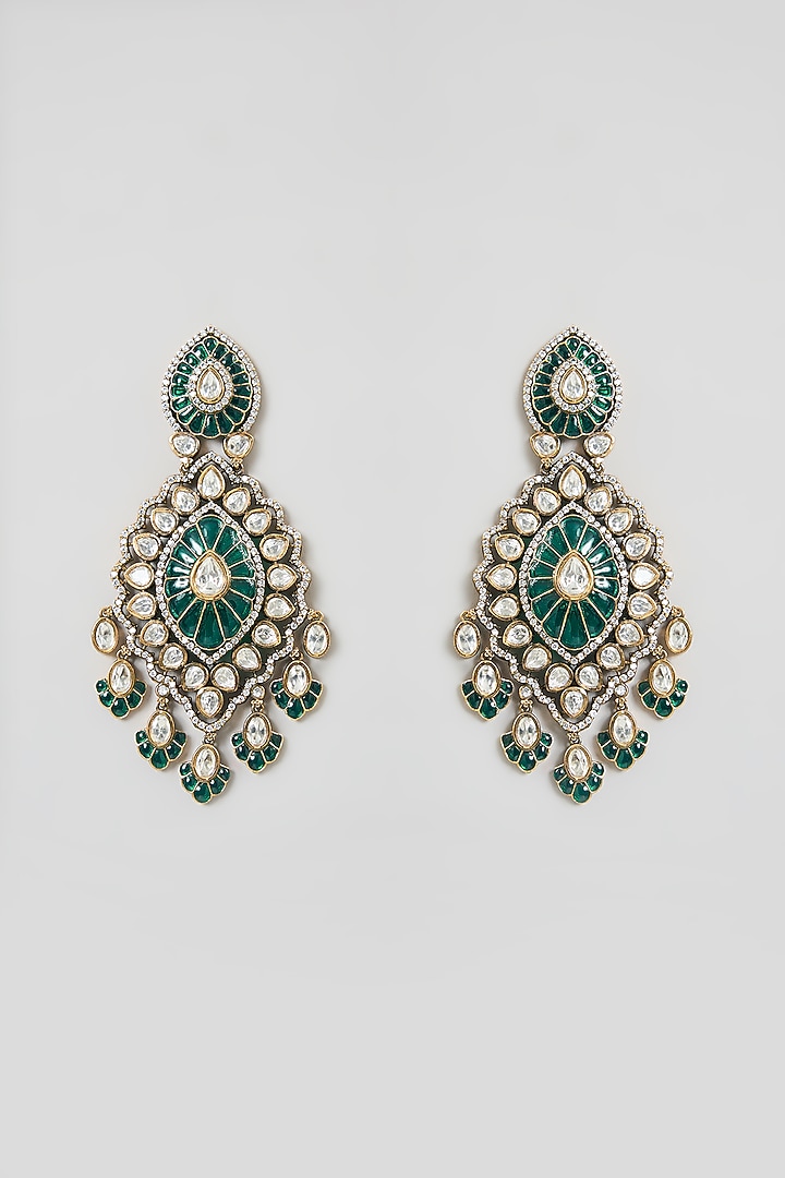Black Rhodium Finish Pear-Shaped Stone Green Enameled Dangler Earrings by 20AM at Pernia's Pop Up Shop