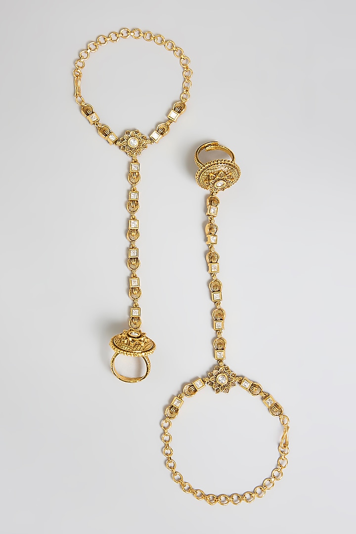 Gold Finish White Stone Floral Haathphools (Set Of 2) by 20AM at Pernia's Pop Up Shop