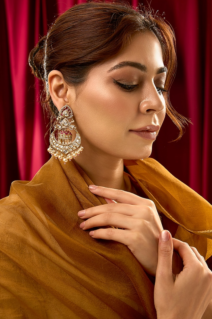 Gold Finish Kundan Polki & Pink Stone Chandbali Earrings by 20AM at Pernia's Pop Up Shop