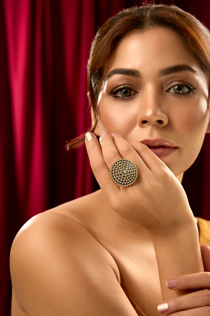 Gold Finish Temple Floral Ring by 20AM at Pernia's Pop Up Shop