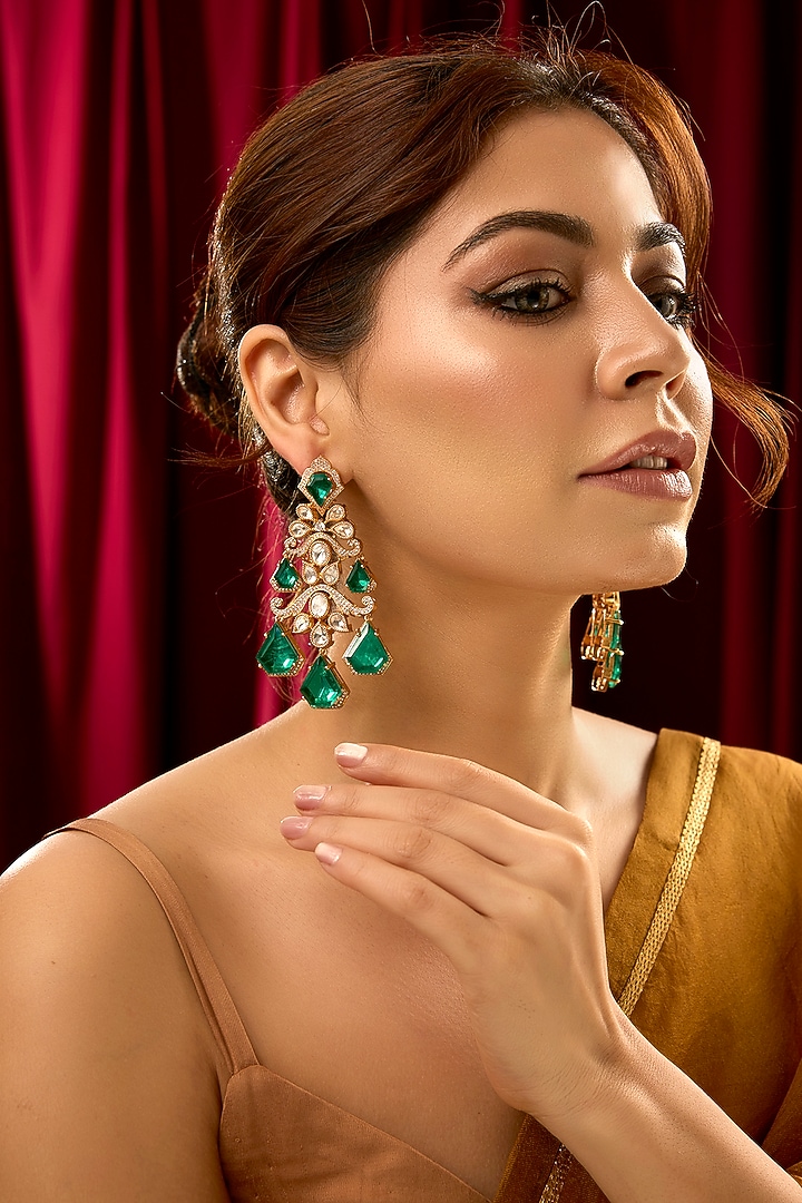 Gold Finish Kundan Polki & Green Gemstone Dangler Earrings by 20AM at Pernia's Pop Up Shop