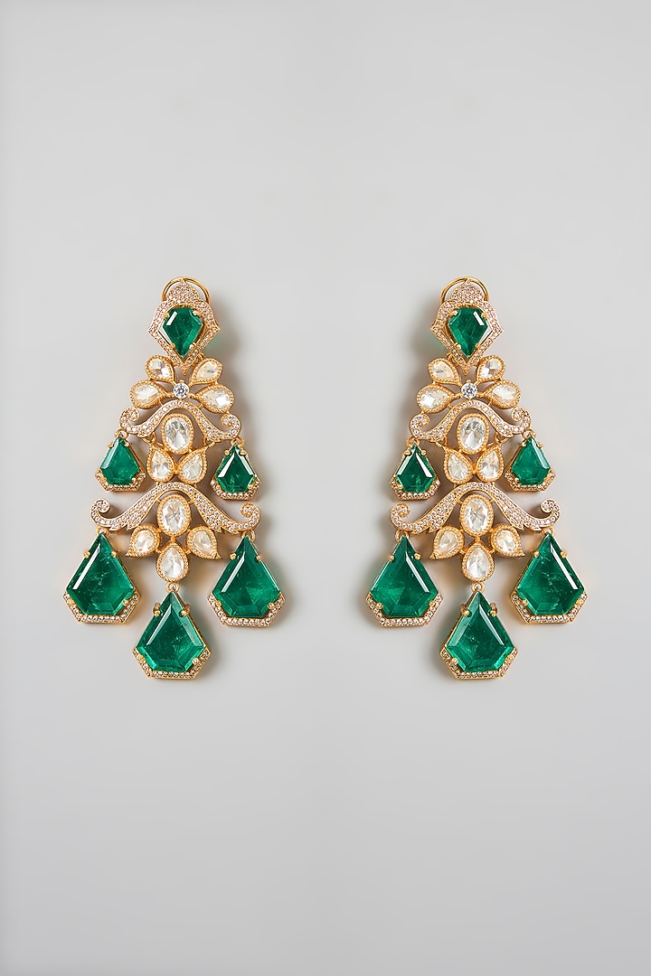 Gold Finish Kundan Polki & Green Gemstone Dangler Earrings by 20AM at Pernia's Pop Up Shop