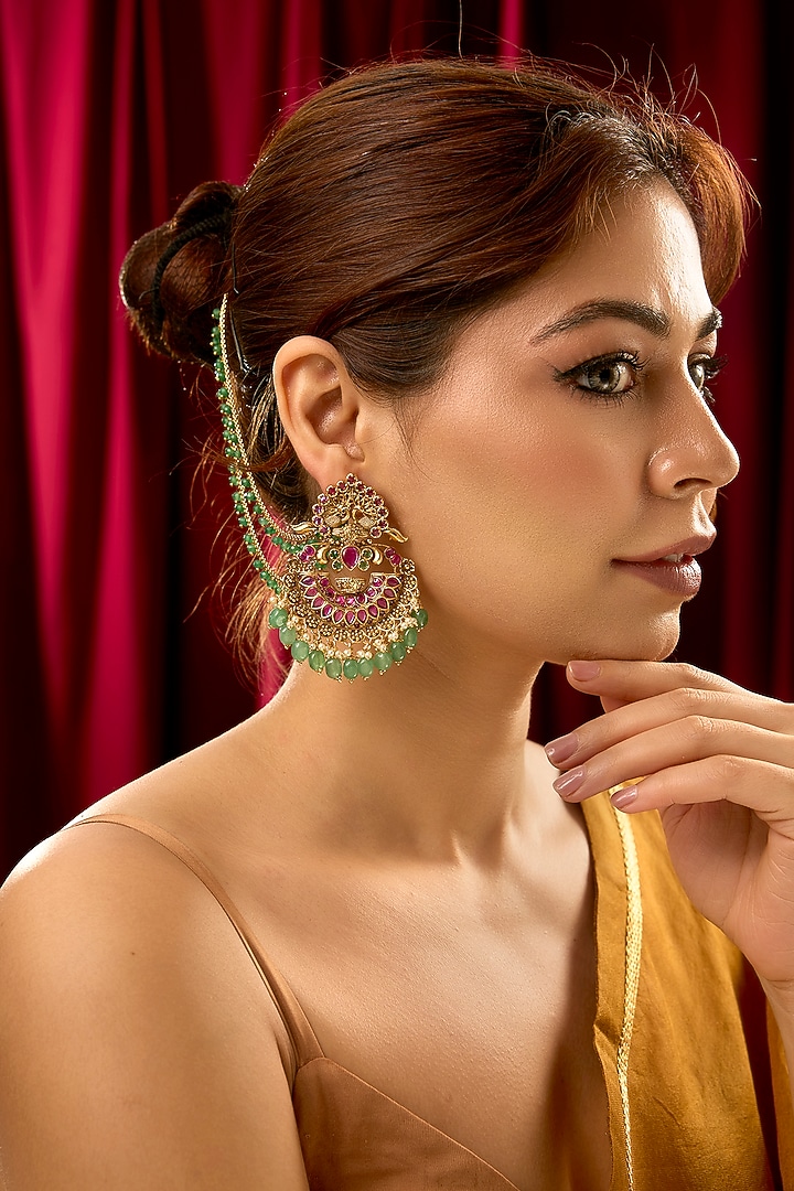 Gold Finish Pink Stone & Green Beaded Chandelier Earrings by 20AM at Pernia's Pop Up Shop