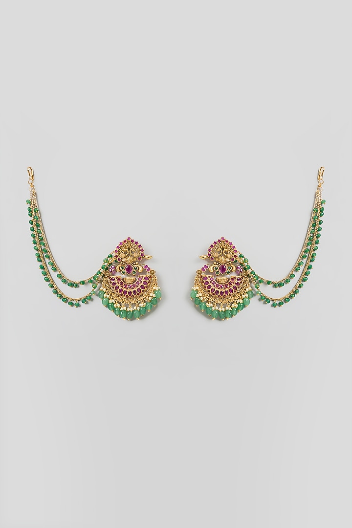 Gold Finish Pink Stone & Green Beaded Chandelier Earrings by 20AM at Pernia's Pop Up Shop