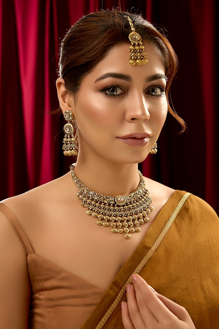 Gold Finish White Stone & Oval Drop Choker Necklace Set by 20AM at Pernia's Pop Up Shop