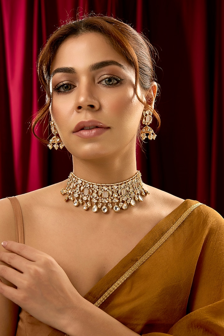 Gold Finish Kundan Polki & Pearl Floral Choker Necklace Set by 20AM at Pernia's Pop Up Shop