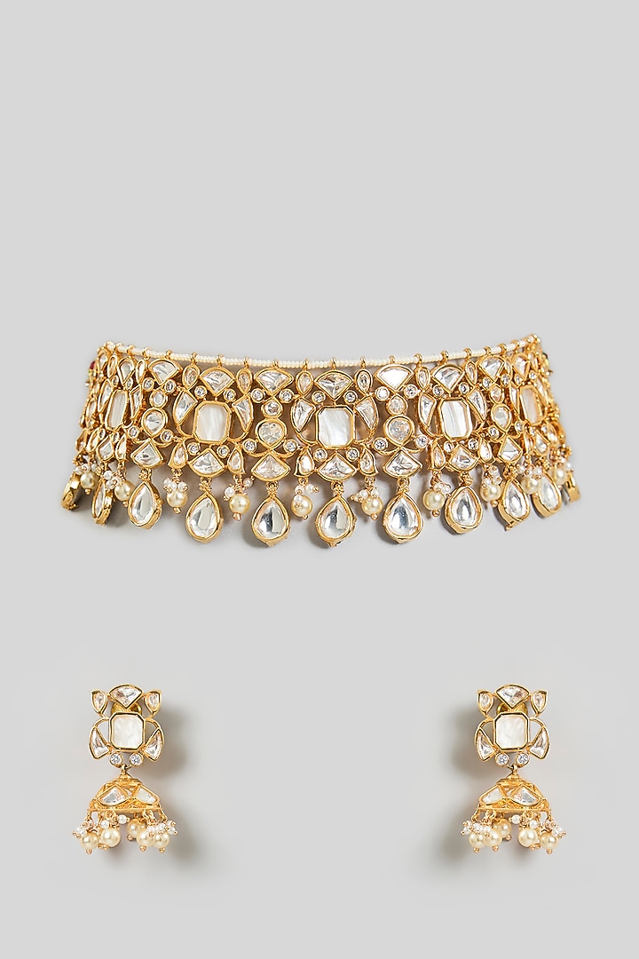 Gold Finish Kundan Polki & Pearl Floral Choker Necklace Set by 20AM at Pernia's Pop Up Shop