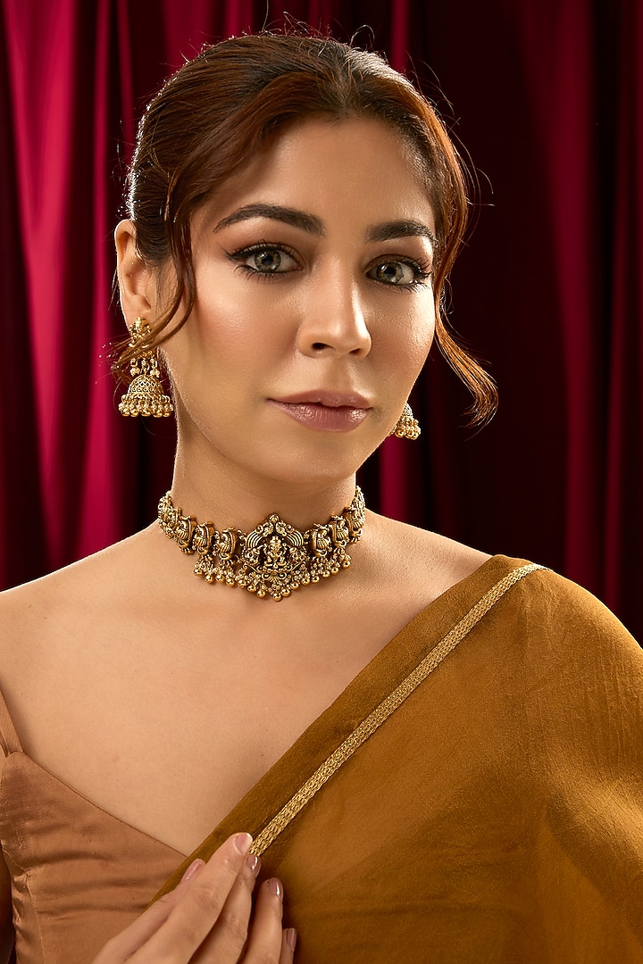 Gold Finish Red Stone Choker Necklace Set by 20AM at Pernia's Pop Up Shop