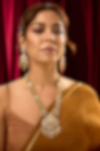 Gold Finish Kundan Polki & Beaded Temple Pendant Necklace Set by 20AM at Pernia's Pop Up Shop