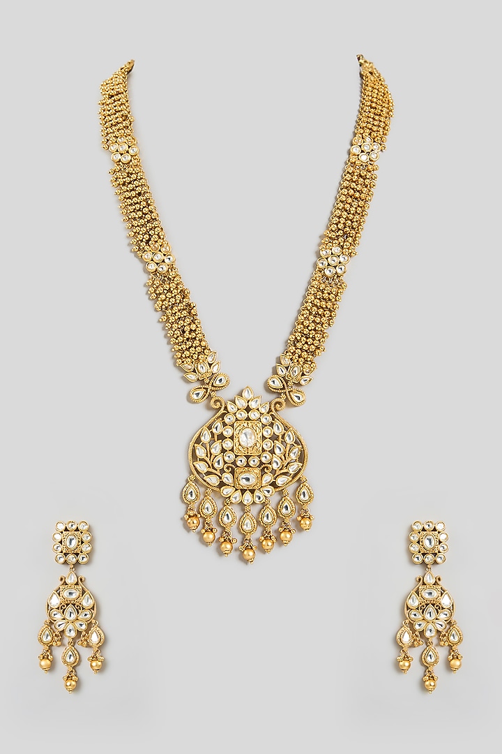 Gold Finish Kundan Polki & Beaded Temple Pendant Necklace Set by 20AM at Pernia's Pop Up Shop