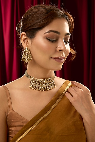 Gold Finish Kundan & Beaded Temple Choker Necklace Set by 20AM