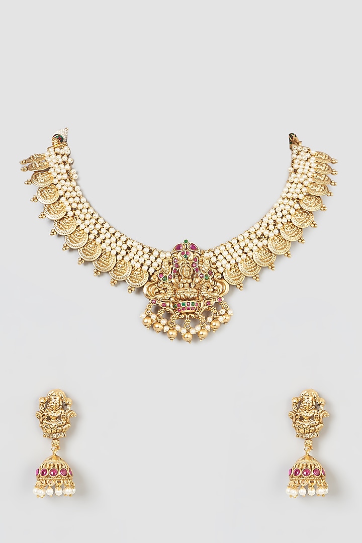 Gold Finish Shell Pearl Necklace Set by 20AM at Pernia's Pop Up Shop