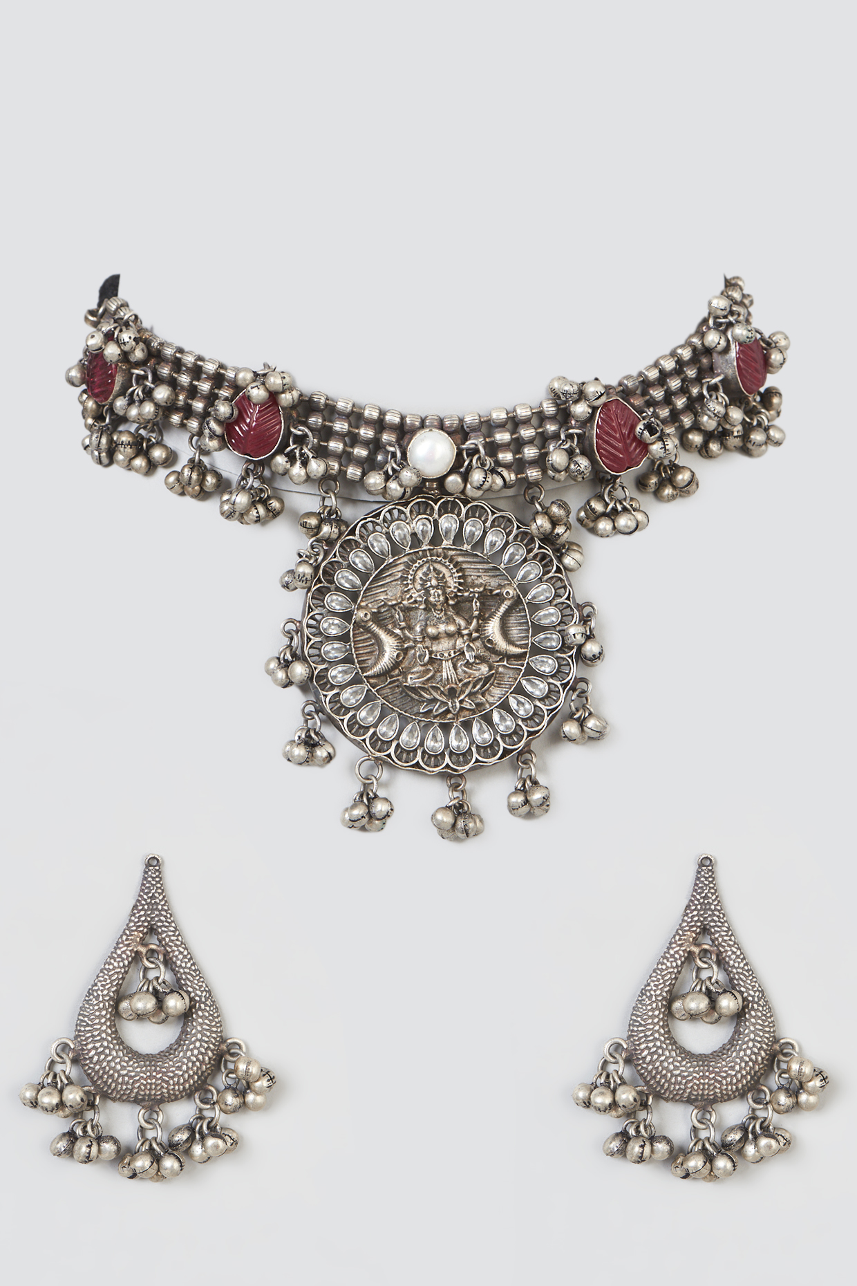 Oxidised Silver Finish Red Stone Necklace Set by 20AM